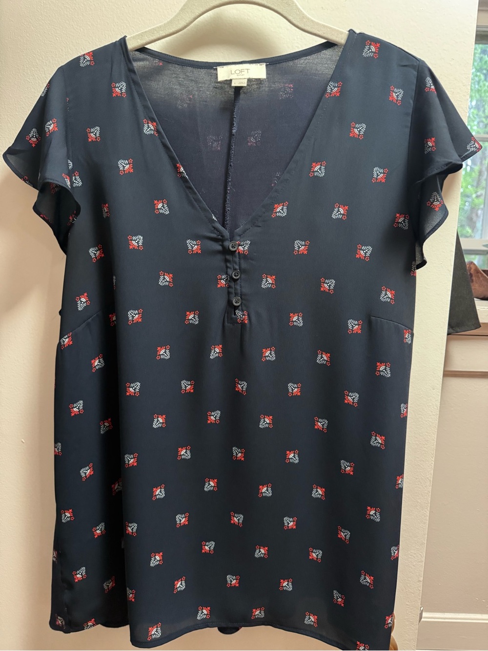 LOFT Navy V-Neck Flutter Sleeve Blouse with Red Accent Print